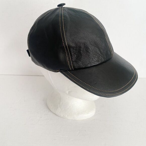 Other - All Leather Strap Back Adjustable Hat Black Biker Orange Stitch Baseball Lined